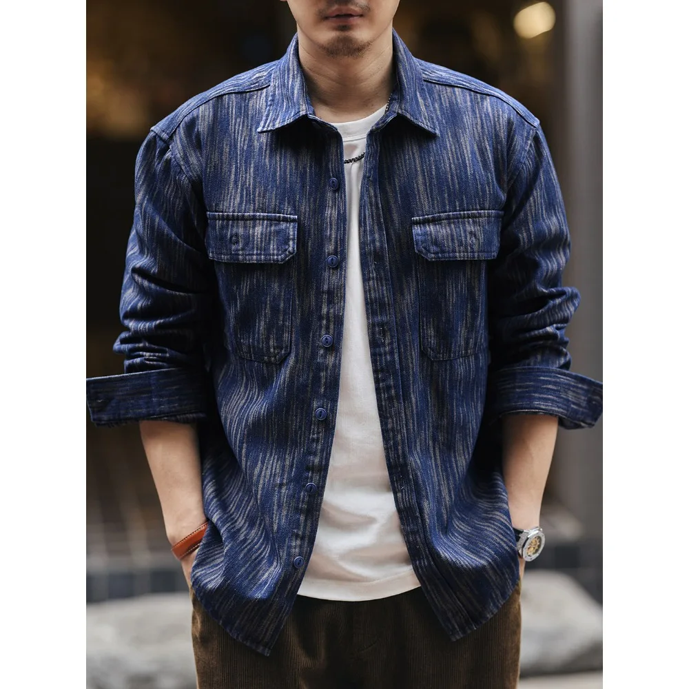 

Весенне-осенний новый стиль, американская ретро жаккардовая джинсовая рубашка с вертикальным узором, рабочая куртка с длинными рукавами