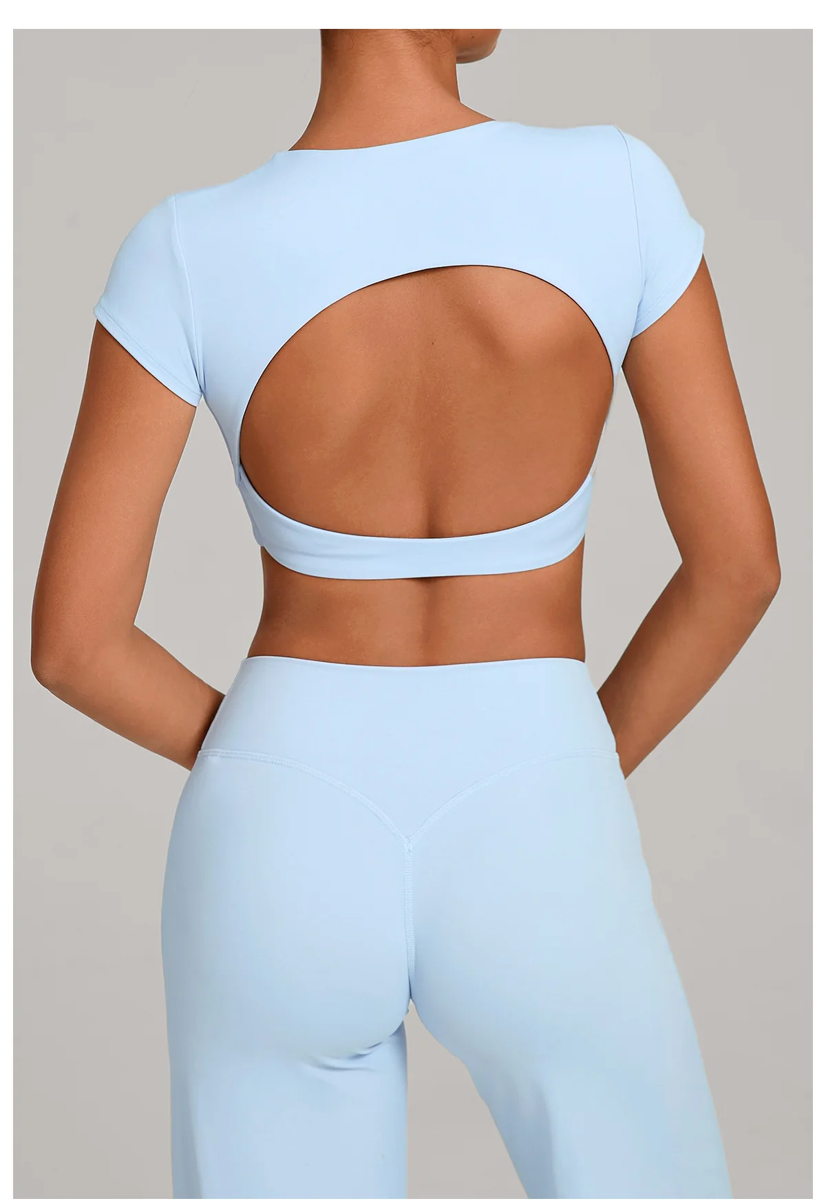 Gym Workout Clothes Backless Running Sports Top Double-layer Stitching No Chest Pad Yoga Wear Fitness Short Sleeve for Women