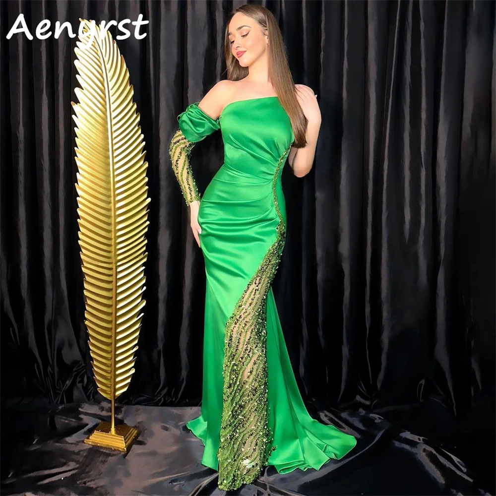 Aenyrst Verde monospalla con paillettes Arabia Saudita Abiti da ballo Sirena Abiti da sera in raso Lunghezza pavimento Abito da cerimonia formale