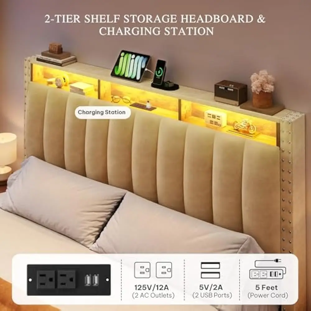 LED-Bettgestell in voller Größe mit 4 Schubladen und RGB, Plattformbett und Ladestation und Kopfteil mit Stauraum, kein Boxspringbett erforderlich