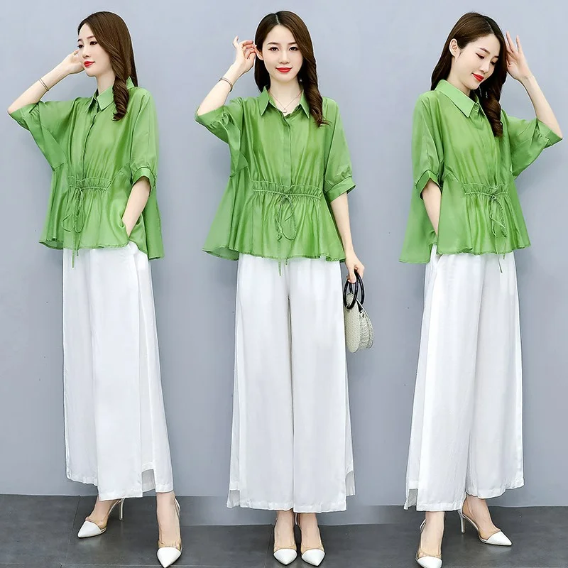 

Lyocell Suit Women Three-piece Summer Shirts Short Sleeves Clothing Thin Wide Leg Pants Cotton Linen Sets Suspenders Dopamine