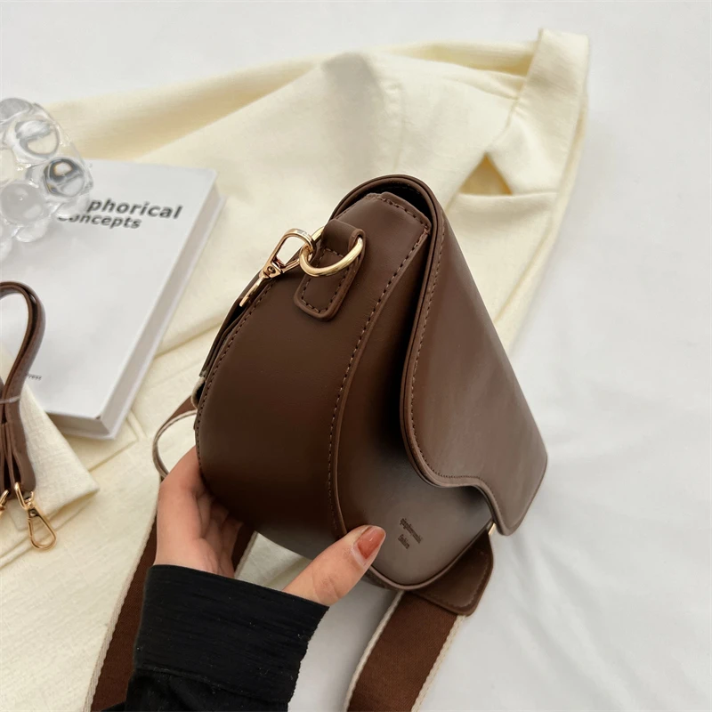 Women Vintage Solid Color Flap Small Saddle Shoulder Underarm Bag Fashion PU Leather Wide Strap Crossbody Bag