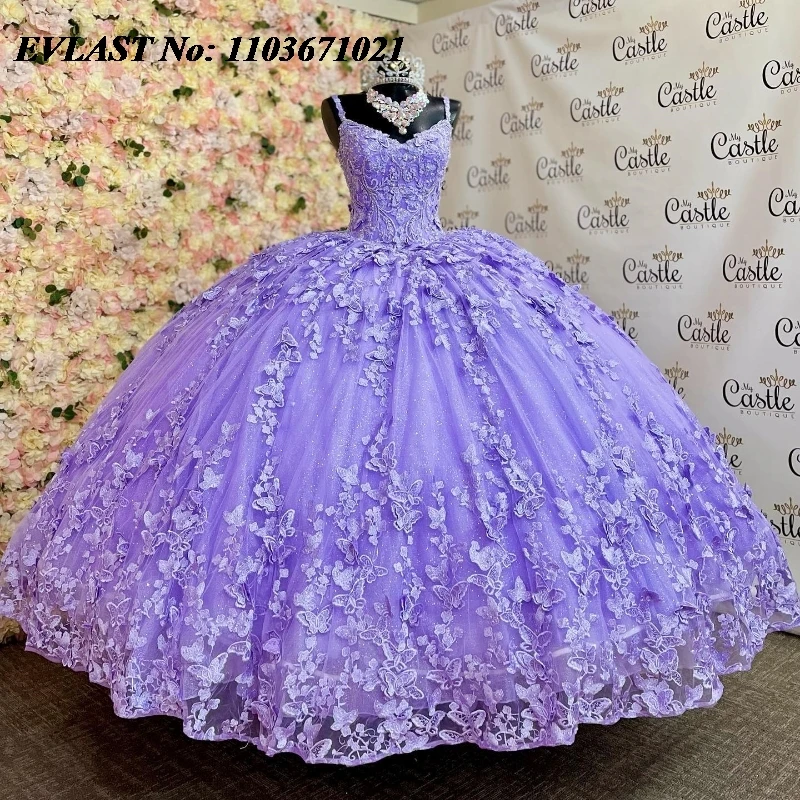 

EVLAST Princess Purple Quinnceanera Dress Ball Gown Butterfly Applique Beading Cape Corset Sweet 16 Vestidos De 15 Anos SQ556