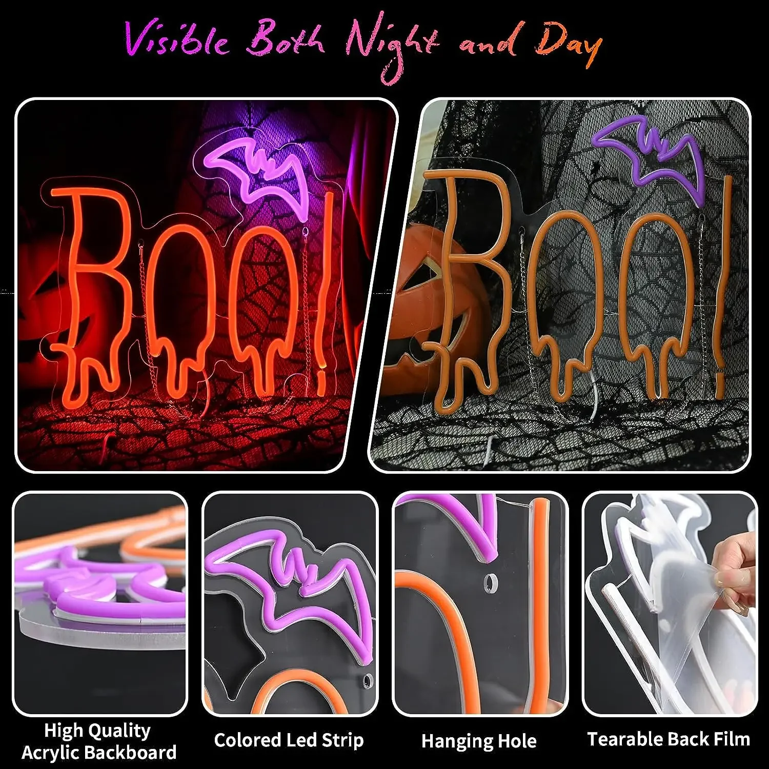 Orange Purple BOO Bat Neon Light Up Sign for Halloween Party Decor Halloween Spooky Boo Neon Sign for Trick or Treat Party Gifts