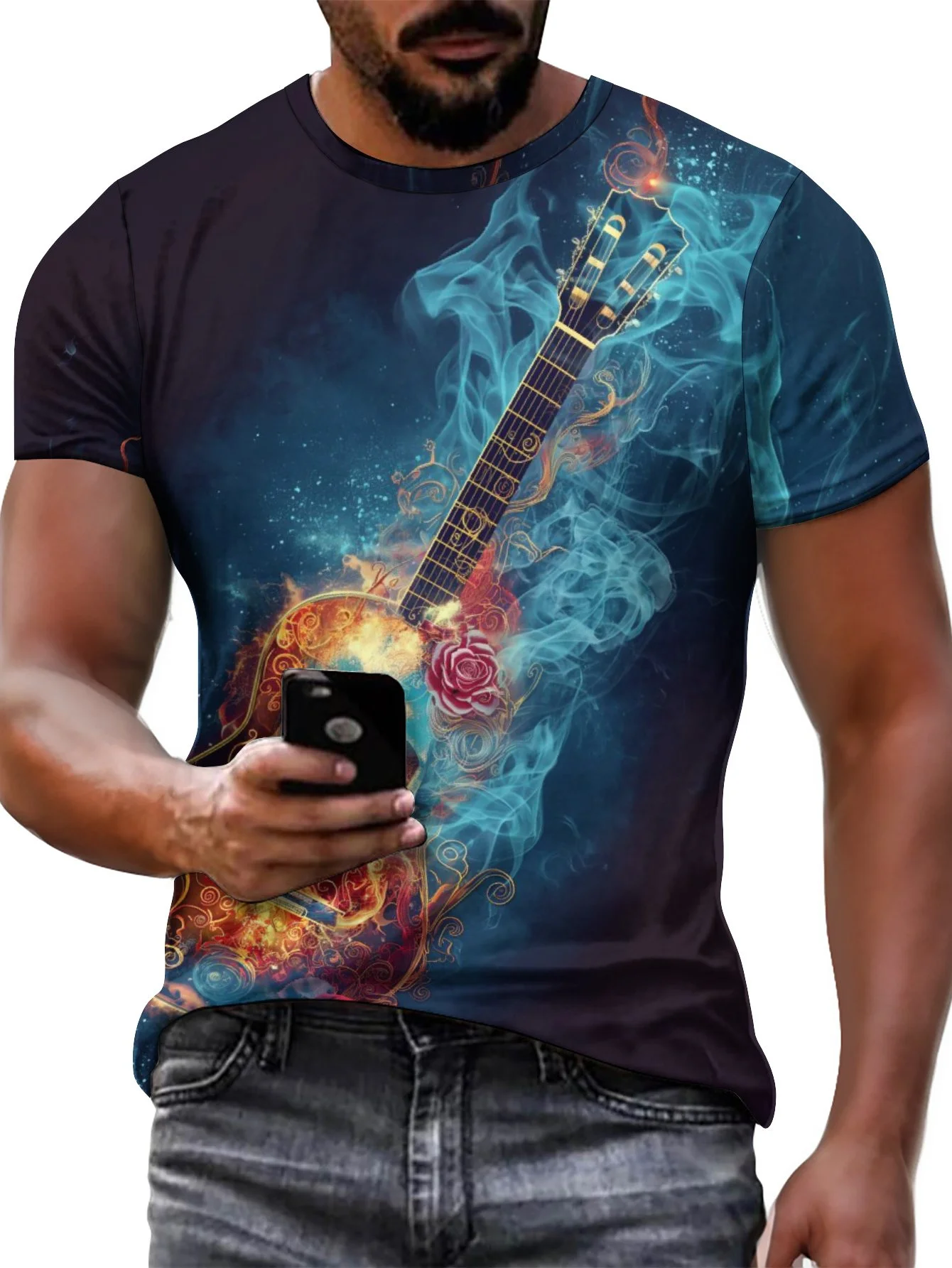 

2024 New Men's 3D Graffiti Guitar Pattern T-shirt, Casual Cool Micro Elastic Breathable T-shirt, Summer Outdoor Men's Wear