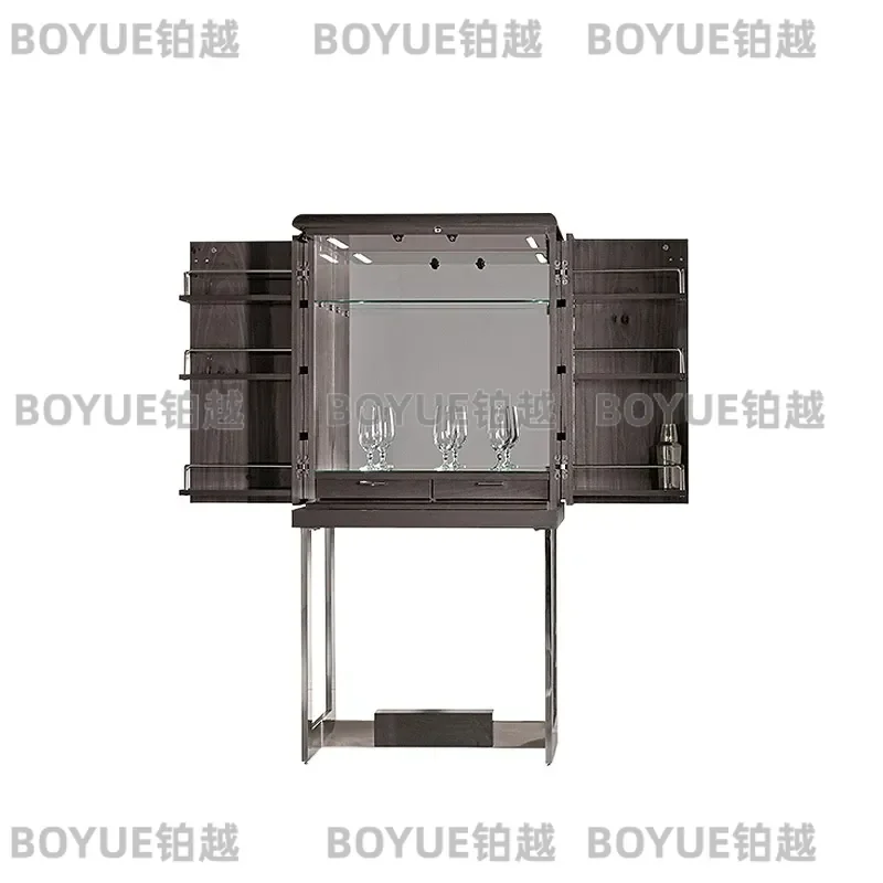 Modern Stainless Steel Solid Wood Wine Cabinet Luxury Living Room Wall Mounted Display Locker High End Villa Storage