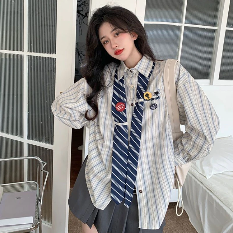 Striped Shirts Women Baggy Preppy Sweet Teens Youth Girlish Japanese Street Personal Designer Harajuku Ins Fashion Clothing Cozy