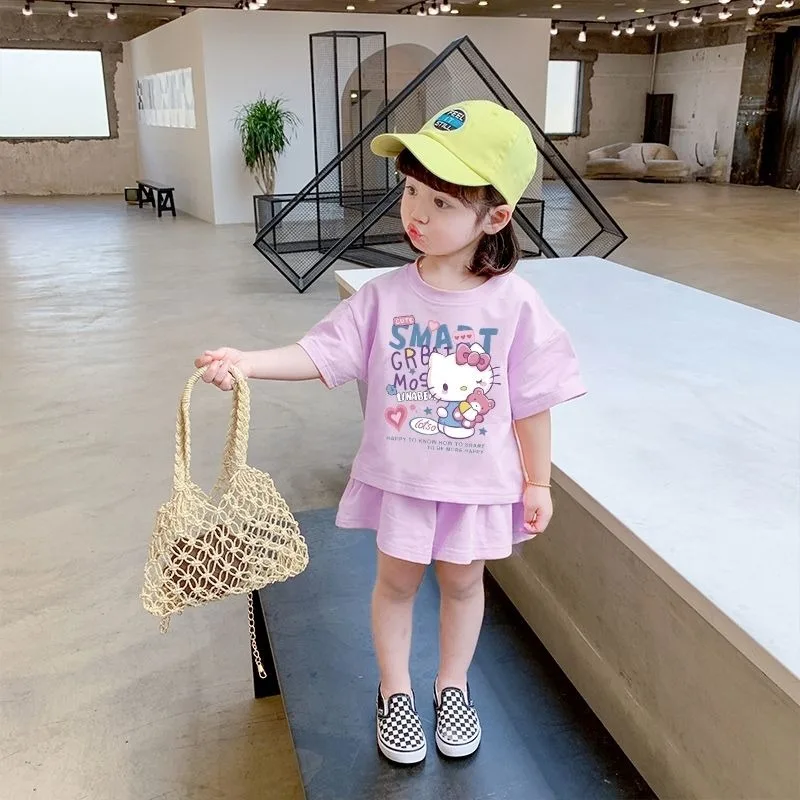 

Hello Kitty Anime Kawaii Sanrio Ins Baby Short Sleeve Shirt Pants Summer 2025 New Cute Children Wear Two-piece Set Clothes Gifts
