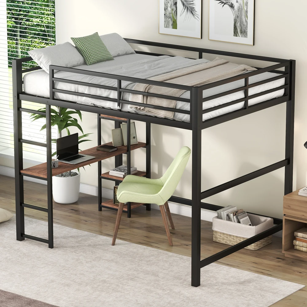 

Children Beds Full Size Metal Loft Bed with Built-in Desk and Storage Shelves,Black Children Furniture Bunk Beds Kids Twin Beds