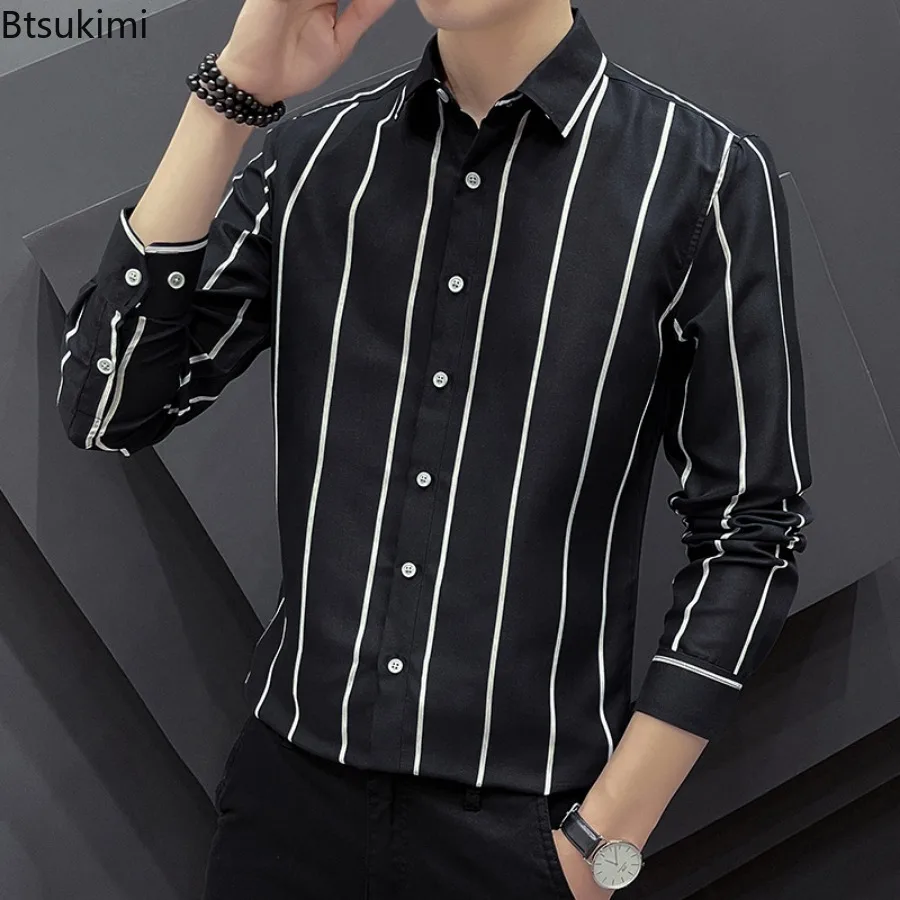 

2024 Men's Long Sleeve Slim Dress Shirts Fashion Stripe Single-breasted Lapel Blouse for Men Business Casual Social Formal Shirt