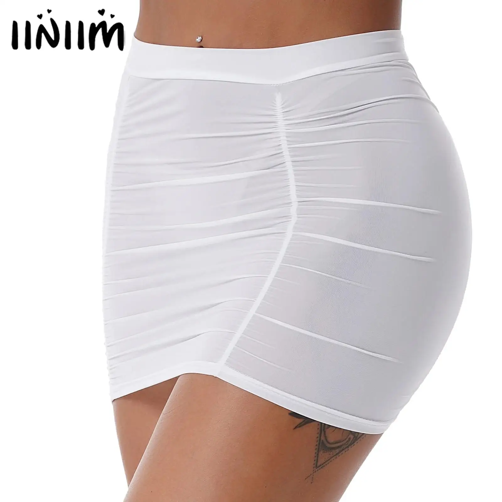 

Sexy Womens Mid Waist Stretchy Shirring Bodycon Miniskirt Ladies Elastic Waistband Ruched Summer Mini Skirt for Nightclub Party