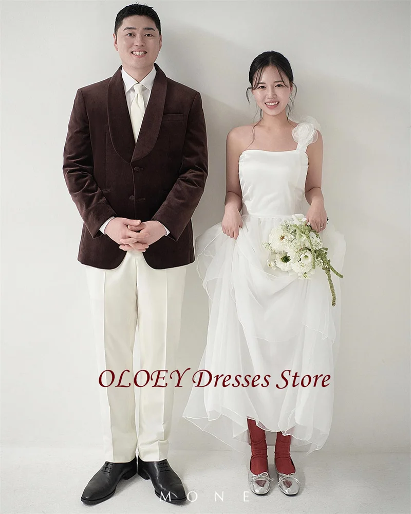 OLOEY-vestidos de novia de Organza de seda con un hombro, sesión de fotos de Corea, flores 3D, largo hasta el suelo, vestidos de novia, princesa Mariage personalizado