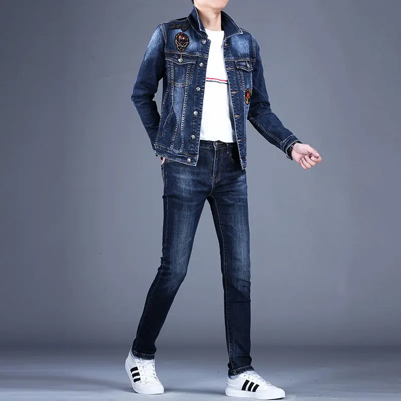 2023 Paired with denim jacket set, men\'s luxury fashion casual top and pants two-piece set, slim fit and elastic