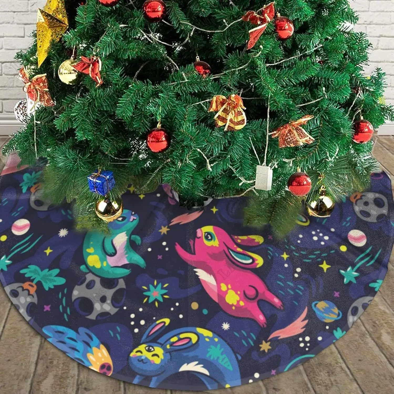 Moon Bunny Exploring The Space Christmas Tree Skirt Decorations Indoor Xmas Decor for Tree Fall Tree Skirt for Home Decorations