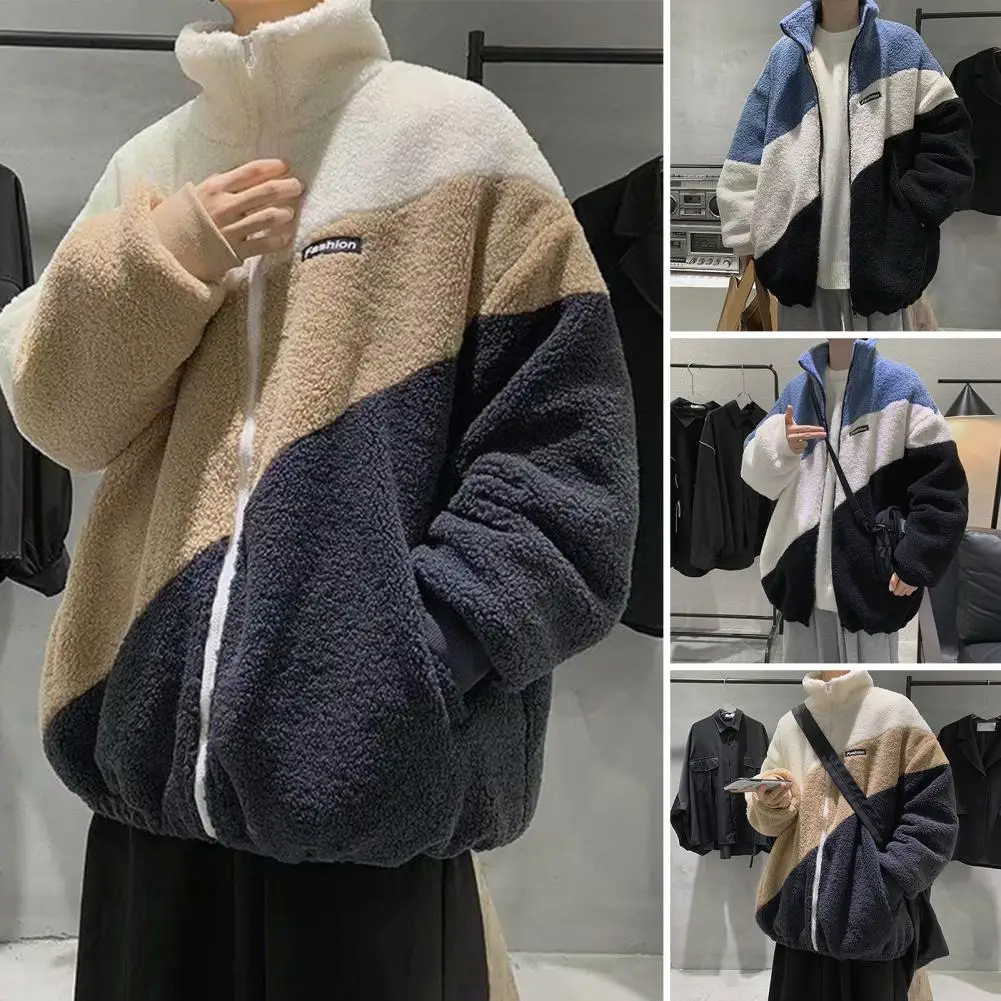 Veste Sherpa avec patchwork pour hommes, cardigan pour documents, fermeture éclair, poches à patte, vêtements d'extérieur d'hiver, automne, 216.239.