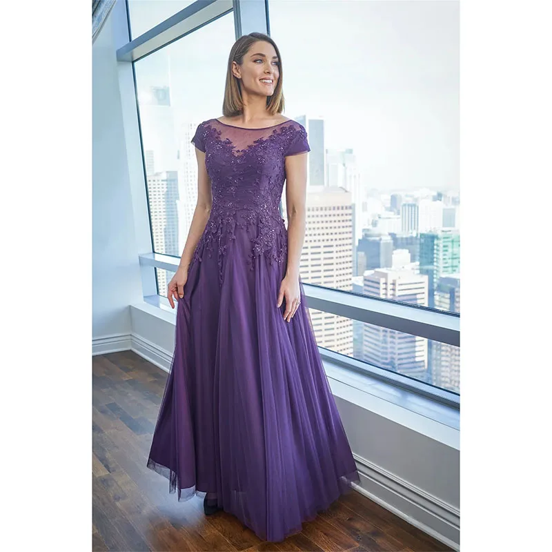 

Elegant A Line Mother of the Bride Dress 2024 Scoop Neck Capped Sleeve Applique Evening Gowns Floor Length Wedding Guest Dress