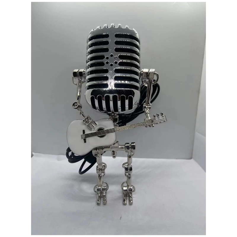 Microphone Lamp - Lamp Head Vintage Metal Microphone Robot Desk Lamp Retro Style Household Ornaments Easy To Use White & Silver