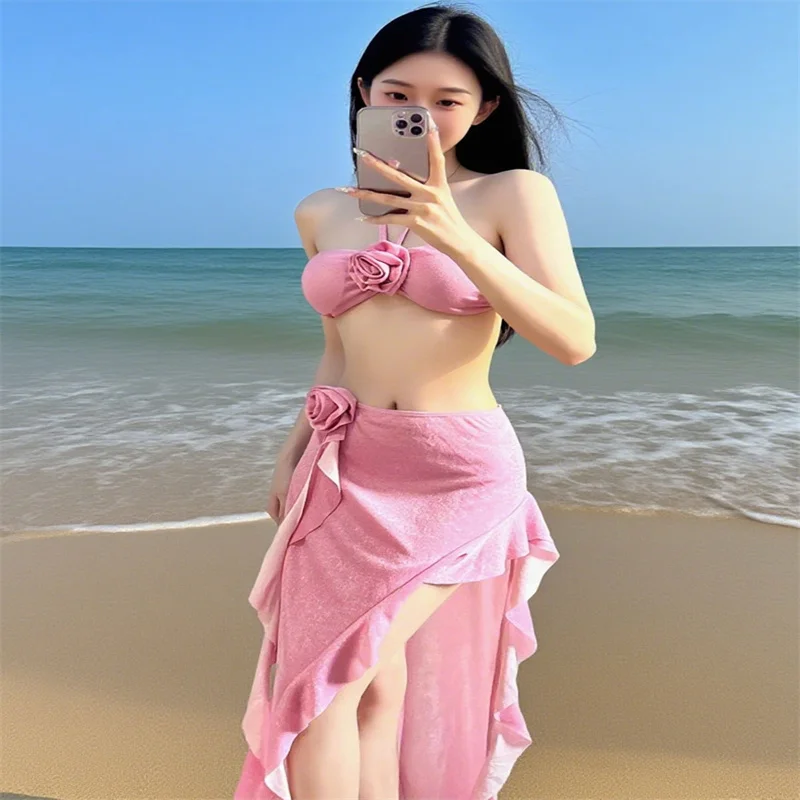 

Swimsuit Women 2025 Sexy Bikini Strapless Top Split Three Piece Set Sexy Slit Slim Flash Spicy Girl Half Skirt Swimsuit