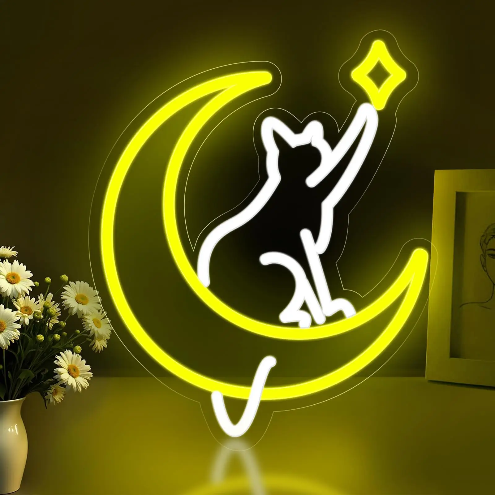 

Неоновая вывеска «Лунный кот» для декора стен, милый кот со звездой, неоновая подсветка для спальни, студии йоги, вечеринок, бара, фоновое украшение
