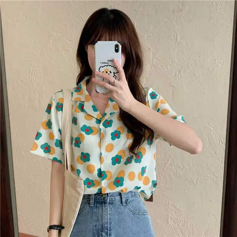 

Vintage Tie Dye Turn-down Collar Short Sleeve Blouse Women Clothing Sweet Buttons Shirts Summer Casual Print Loose Top Tee N761