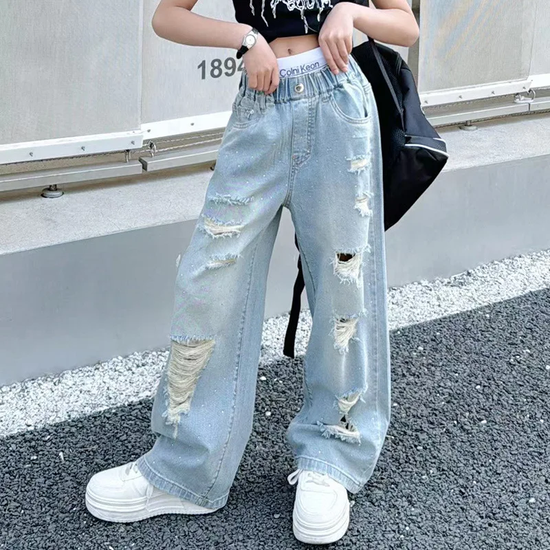 Summer School Teen Girls Ripped Jeans Trendy Wide Leg Denim Pants for Kids Fashion Casual Versatile Children Straight Trousers