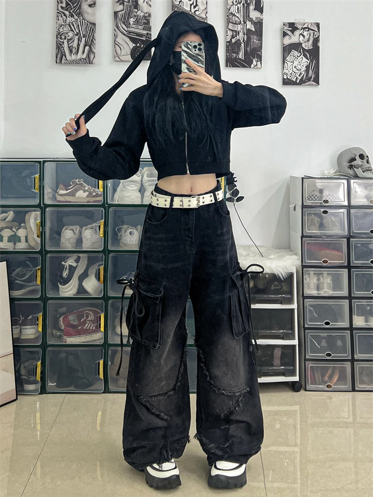 RORORIRI Stitch Star Raw Edge Cargo Pants Women Black Vintage Wash Pocket Deconstructed Y2k Whiskers Baggy Jeans Acubi Fashion