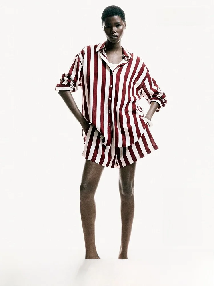 

H&M Summer New Women's Linen Blend Oversized Shirt 1337335 Vintage Style Long Sleeve Button up Print Loose Fit Ladies Shirt