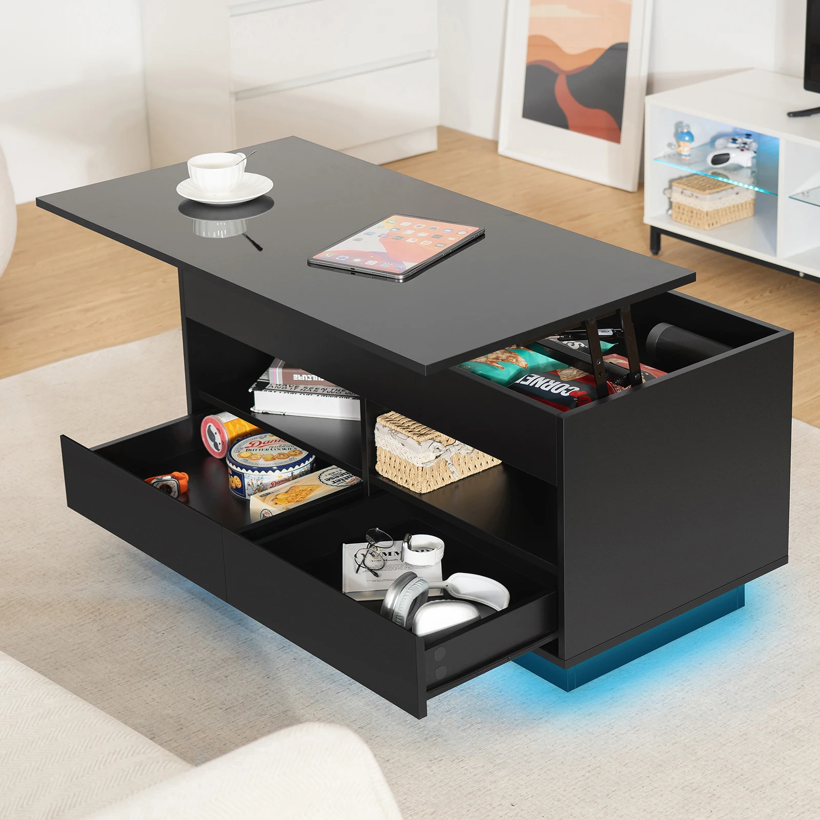 LED Lift Top Coffee Table with RGB Lights 2 Drawers USB Power Versatile Storage Compartment Adjustable Height Living Room Table