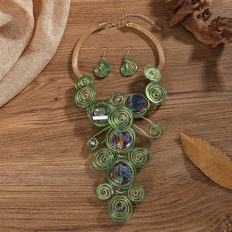 New 1set Exaggerated Green Flowers Crystal Necklace Earrings Set for Women Summer Party Statement Rhinestones Jewelry Set Gifts