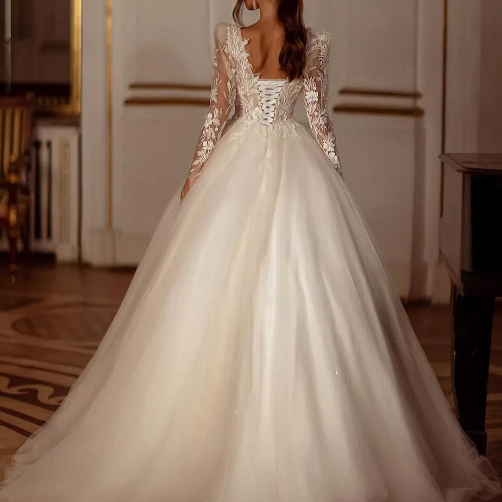 Princess A-line Wedding Dresses Long Sleeve Pearls Appliques Lace Up Back Modern Tulle Bride Gowns Vestidos De Novia