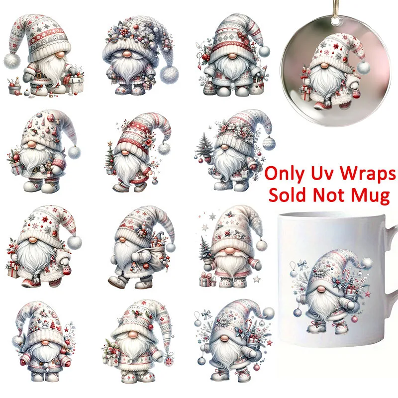 12pcs Christmas Winter White Santa Claus Gnomes UV DTF Cup Wrap Transfer Sticker Glass Coffee Mugs Decoration Xmas Cards Decal