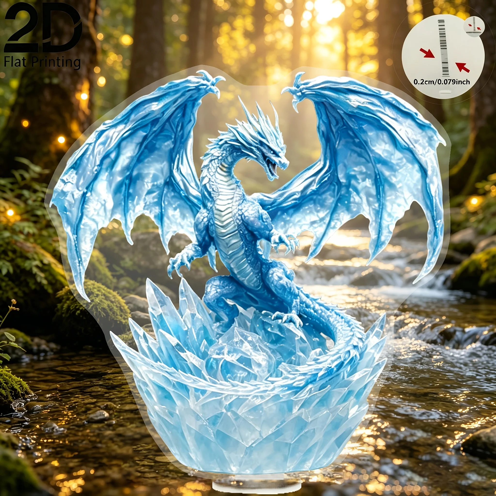 2D Flat 2D Printed Magical Ice Blue Crystal Dragon Acrylic Desktop Ornament, Dominating Ice Dragon Crystal Scene Decoration, Coo