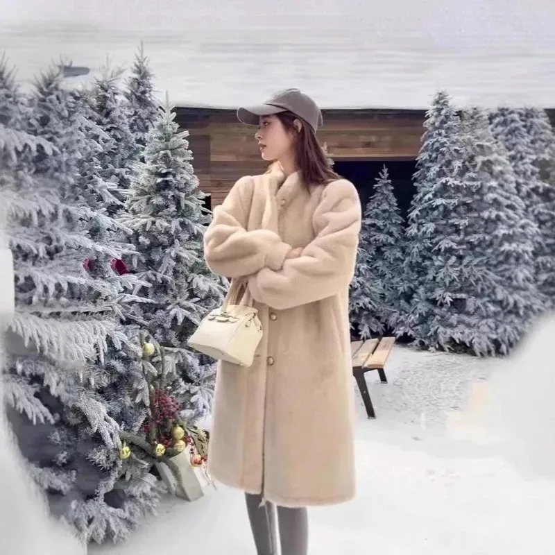 Stand Up Faux Mink Fur Coat Leather and Fur Women's Furry Jackets Winter Thick Loose Plush Coats Long Sleeves Warm Fluffy Jacket