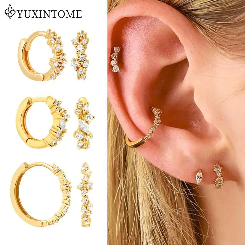 

925 Sterling Silver Needle Geometric Crystal Zircon Hoop Round Earrings For Women Luxury Fashion Jewelry Pierced Gold Earrings