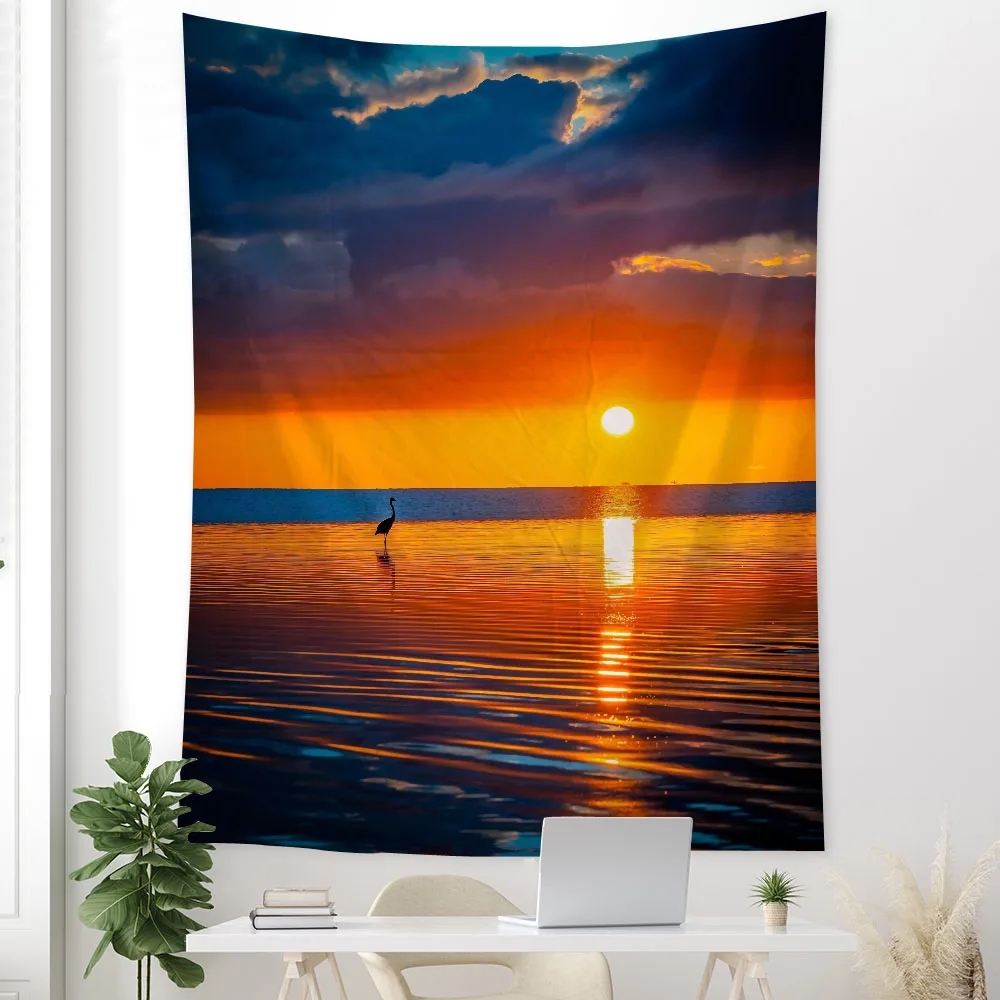 Aesthetic Beach Sunset Tapestry, Ocean Wave Sand Shoreline Colorful Sky Wall Hanging for Bedroom Living Room Home Decor