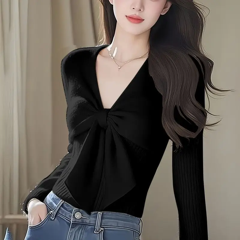 Autumn Winter Women\'s 2024 New Splicing Pullovers V-neck Sweater Fashion Solid Color Casual Versatile Long Sleeve Knitted Top