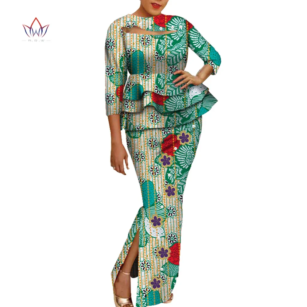 African Wax Print Clothing Women 2 Piece Outfits Set Bazin Riche Applique Flower & Pearls Women Tops and Skirt Set WY3698