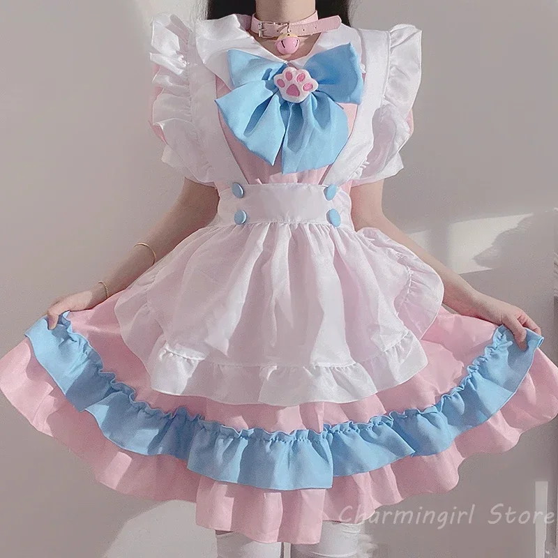 Plus Size 5xl Vrouwen Meid Outfit Cosplay Anime Lolita Kostuum Schattige Kat Roze Blauwe Kanten Rand Schort Kat Paw Lolita Jurken Volledige Set