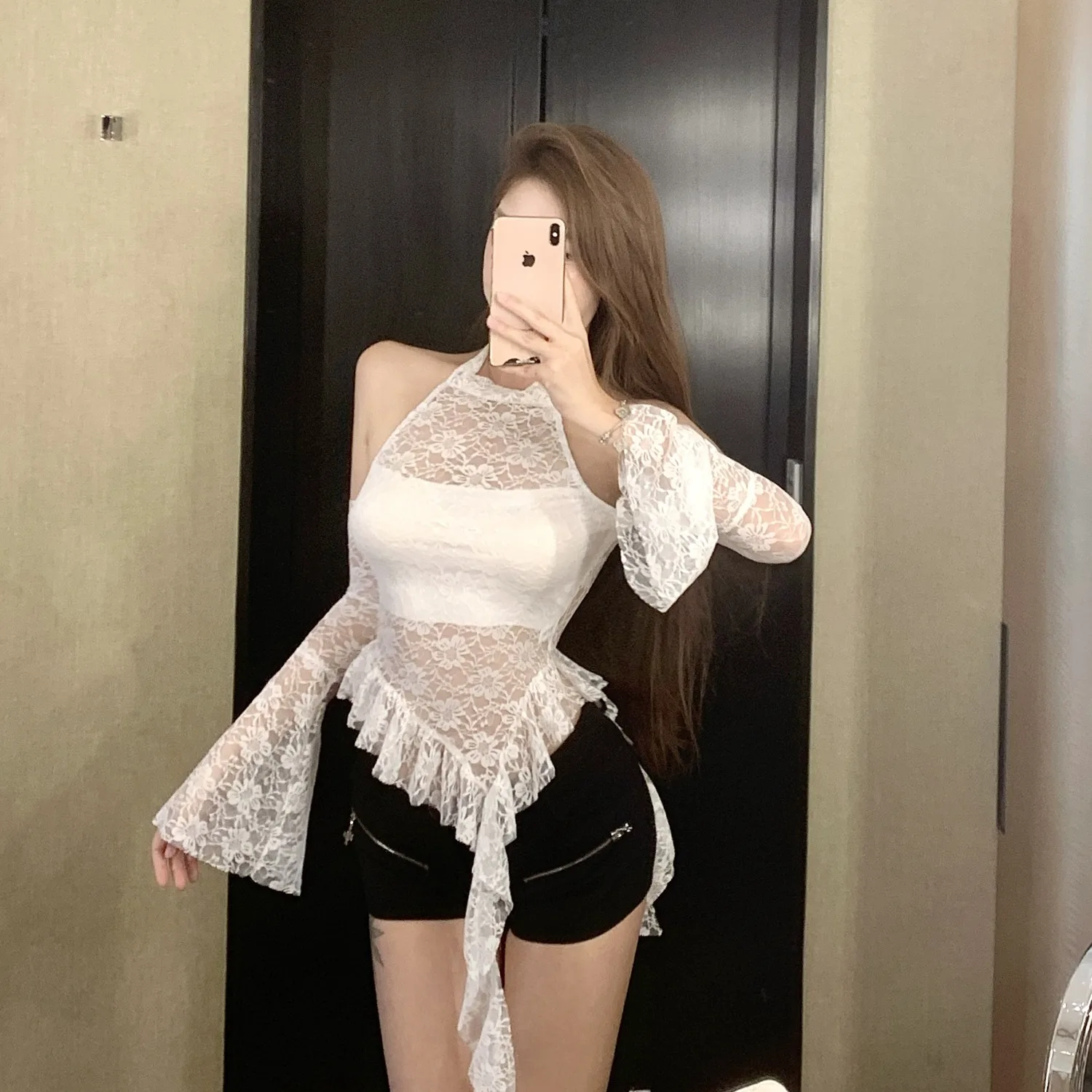 Pure Desire Spicy Girl oulder Bared One oulder Bell Sve Wit Kant Doorzichtige asymmetrische zoom Damestop