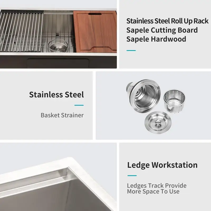 وعاء واحد تحت جبل محطة العمل بالوعة المطبخ 28x19x10 بوصة 16 مقياس الفولاذ المقاوم للصدأ حوض عميق