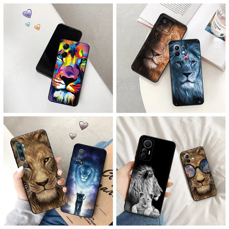 Black Matte Phone Case For Xiaomi 12s 13 12 Lite 12t 12x cc9 Redmi a1 a2 12c Note12 Pro Plus Super Lion Pattern Soft Cover