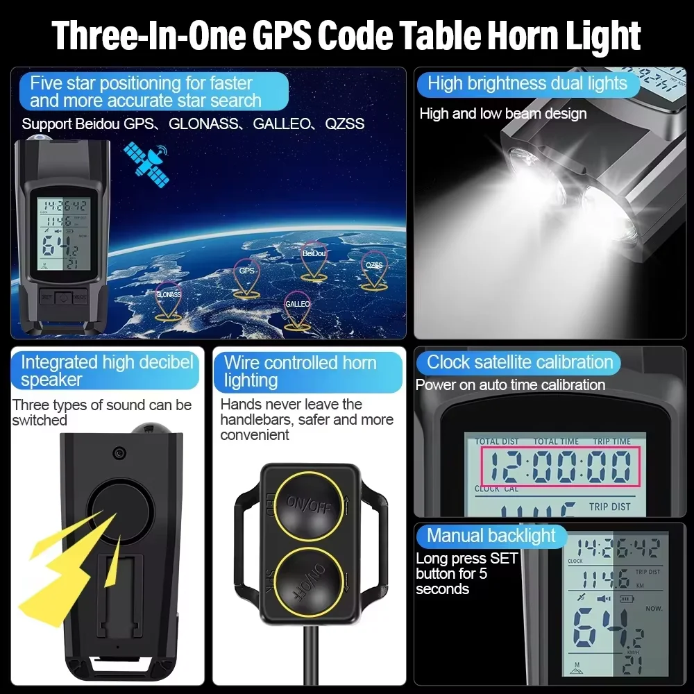 Bike Headlight GPS Speedometer Horn 3 in 1 Multifunctional Rechargeable Bicycle Front Lamp Cycling Computer MTB Bike Accessories