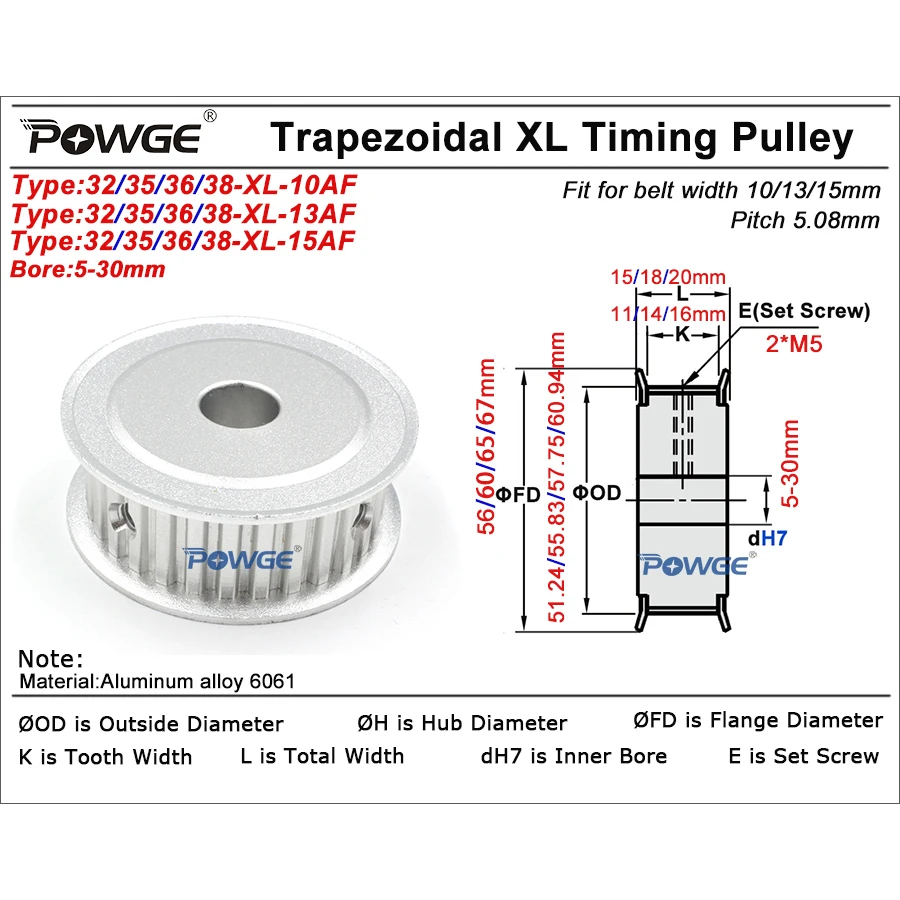POWGE 38 36 35 32 teeth XL Timing Pulley Bore 6/8/10/12/14/15/16/17/18/19/20/22/25/30mm for Belt width 10/15mm 32T 35T 36T 38T