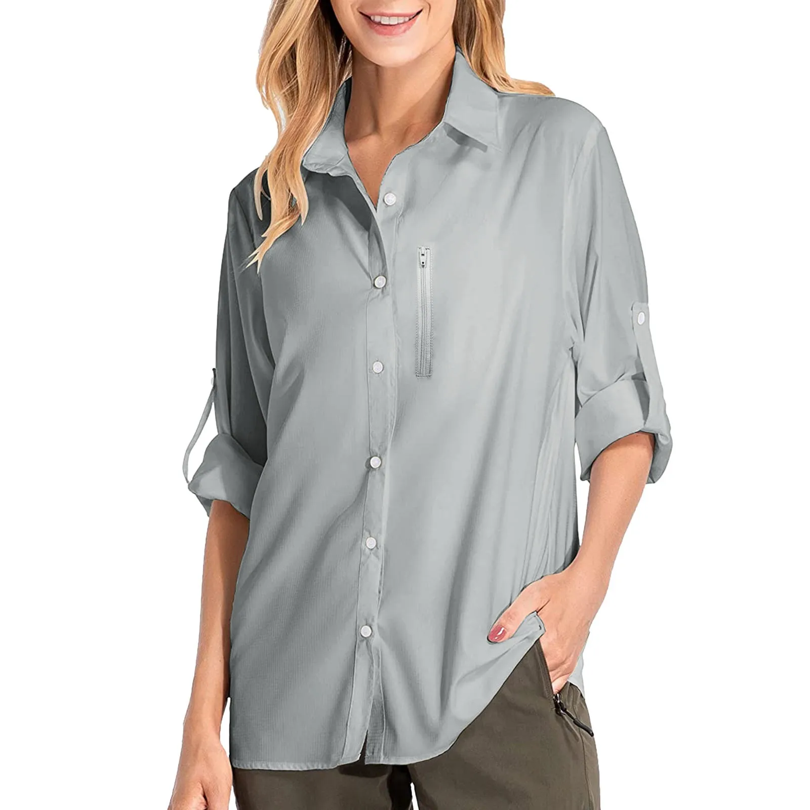 Chemise à manches longues anti-UV pour femme, chemise de randonnée, haut simple, protection solaire, protection solaire, extérieur, document solide, Upf50 +