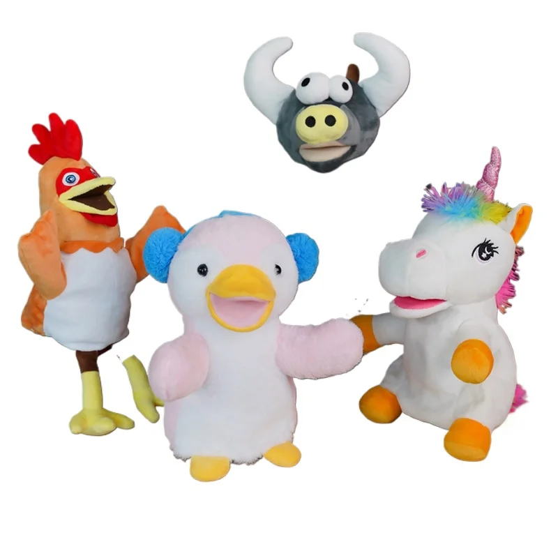 Cartoon Tier Plüsch Handpuppen weiche Puppe Hühner Rinder Pinguin Einhorn Geschichte so tun, als ob sie Plüschtiere als Geschenk spielen