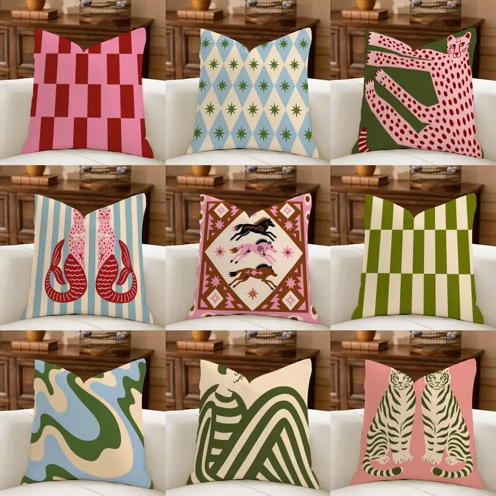 Maximalist Pink Green Cushion Cover Natural Breathable Durable Linen Printed Decor Pillow Case Sofa Bedroom