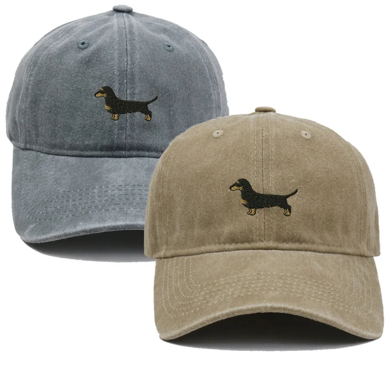 1pc Washed Dachshund Dog Embroidery Baseball Cap Unisex Adjustable Curved Brim Dad Hat Dog Lover Casual Sun Hat Pet Owner Gift