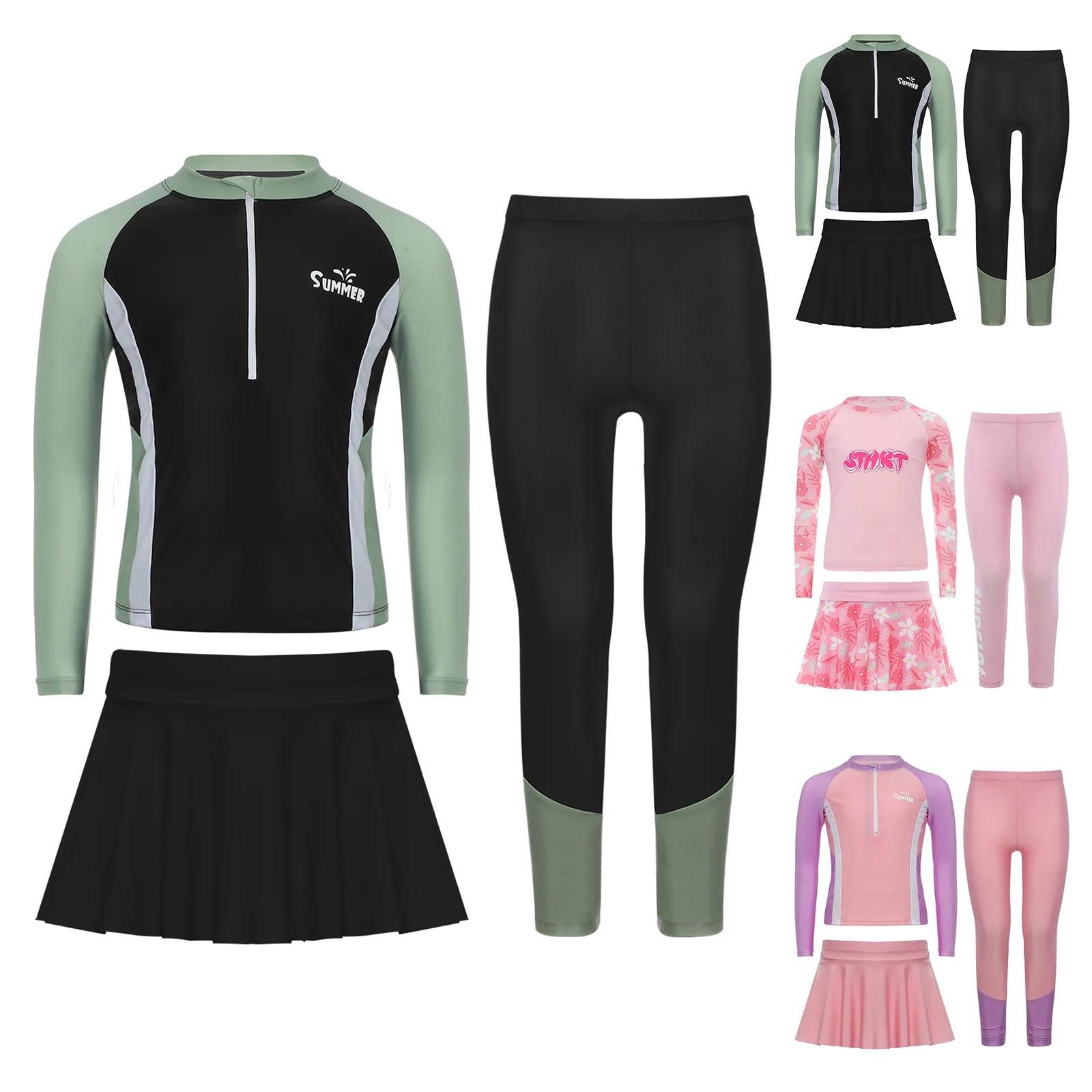 

Girls 3Pcs Swimsuit Water Sports Suit Sun Protection Swimwear Summer Beach Bathing Suit Long Sleeves Tops Pants Skirt Swim Set