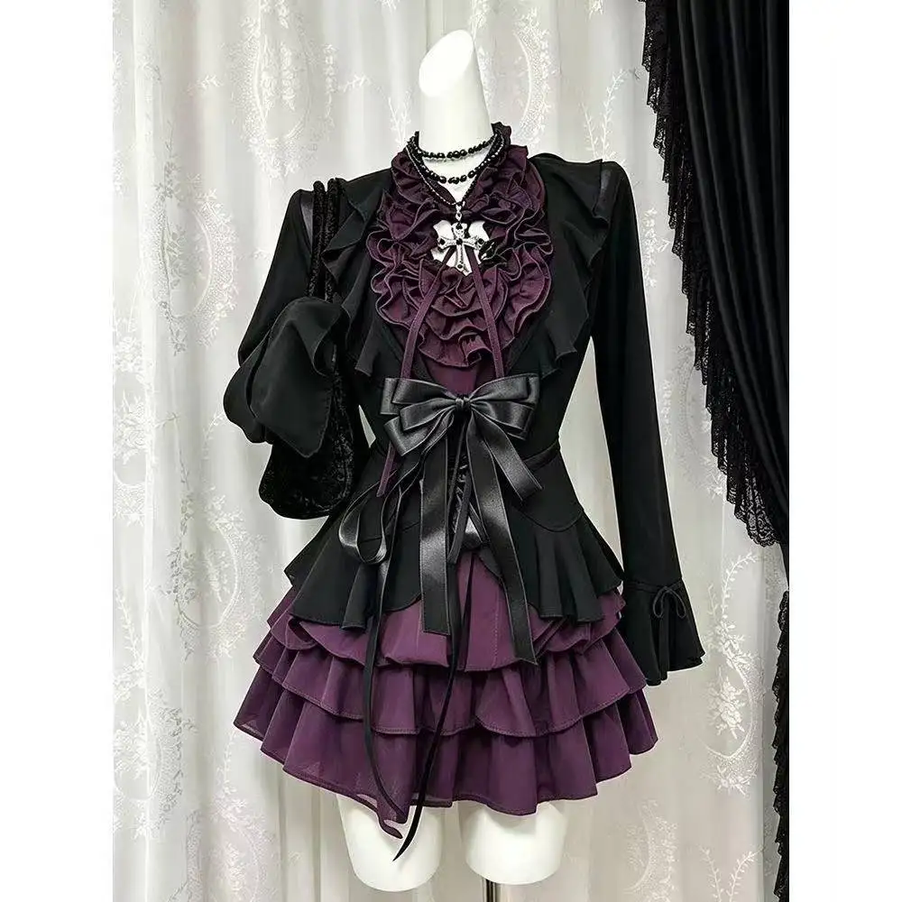 Punk Party Lolita Dress Suit Women Casual Short Cardigan Japanese Y2K Vintage Mini Dress Harajuku Fashion 2 Piece Set image 5