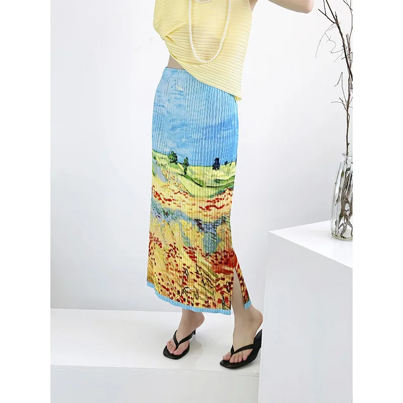 

Summer New Miyake Pleated Mid-Length Painting Print Half Skirt Women's Dopamine Vacation Travel Casual Wear Lightweight Fabric